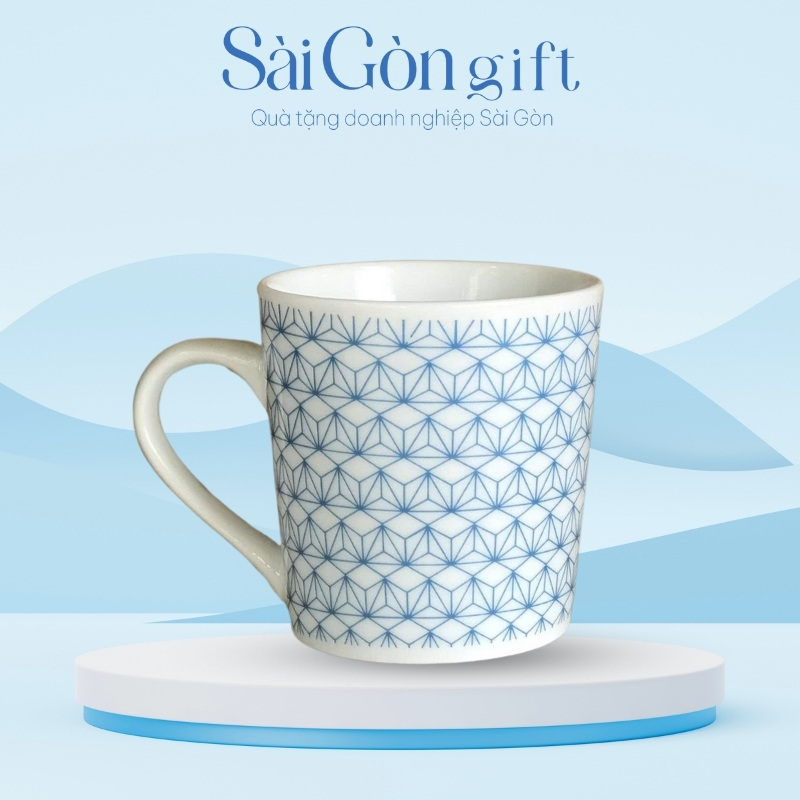 Combo Hai Cốc Sứ Vát Thấp Kẻ Họa Tiết In Logo Quà Tặng Khách Hàng SG-CS20