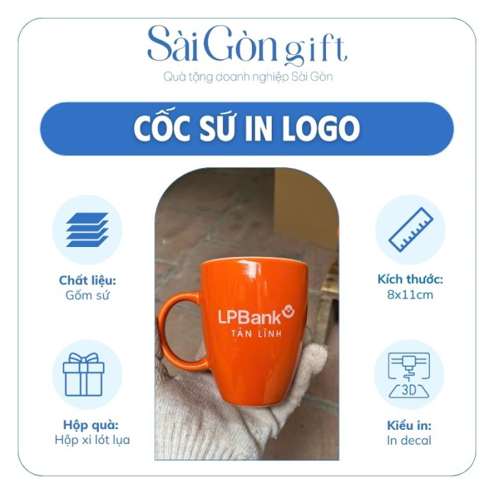 Ly Sứ Dáng Thóp Quai C Màu Cam In Logo LPBank Quà Tặng Khách Hàng SG-CS28
