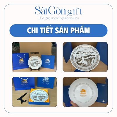 Đĩa Sứ Biểu Trưng Vẽ Cầu Rồng In Logo Quà Tặng Kỷ Niệm SG-DBT04