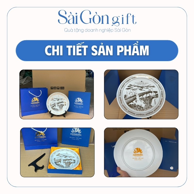 Đĩa Sứ Biểu Trưng Vẽ Cầu Rồng In Logo Quà Tặng Kỷ Niệm SG-DBT04