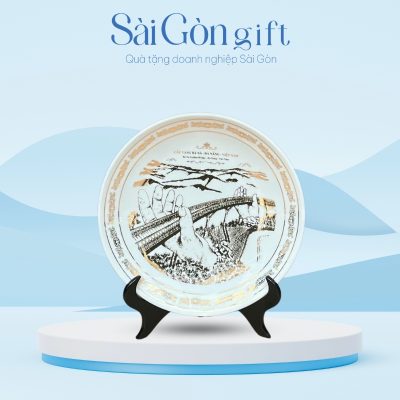 Đĩa Sứ Biểu Trưng Vẽ Cầu Rồng In Logo Quà Tặng Kỷ Niệm SG-DBT04