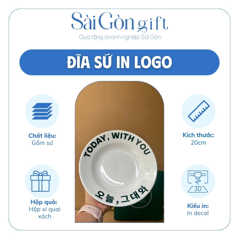 Đĩa Lòng Sâu Men Trắng Phi 20 cm In Logo Quà Tặng Nhân Viên SG-BD12