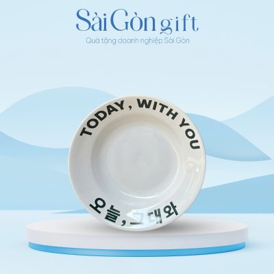 Đĩa Lòng Sâu Men Trắng Phi 20 cm In Logo Quà Tặng Nhân Viên SG-BD12
