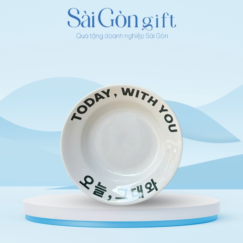 Đĩa Lòng Sâu Men Trắng Phi 20 cm In Logo Quà Tặng Nhân Viên SG-BD12