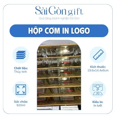 Hộp Đựng Cơm Thủy Tinh 2 Ngăn Kèm Muỗng Đũa In Logo Quà Tặng Văn Phòng SG-HC09