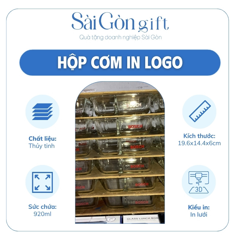 Hộp Đựng Cơm Thủy Tinh 2 Ngăn Kèm Muỗng Đũa In Logo Quà Tặng Văn Phòng SG-HC09