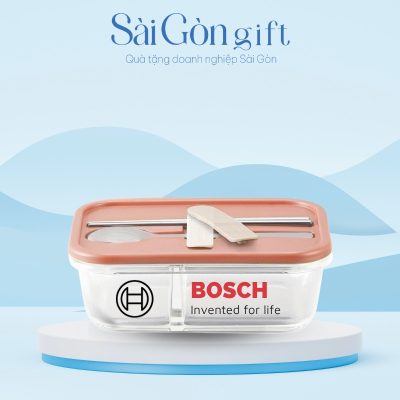 Hộp Đựng Cơm Thủy Tinh 2 Ngăn Kèm Muỗng Đũa In Logo Quà Tặng Văn Phòng SG-HC09