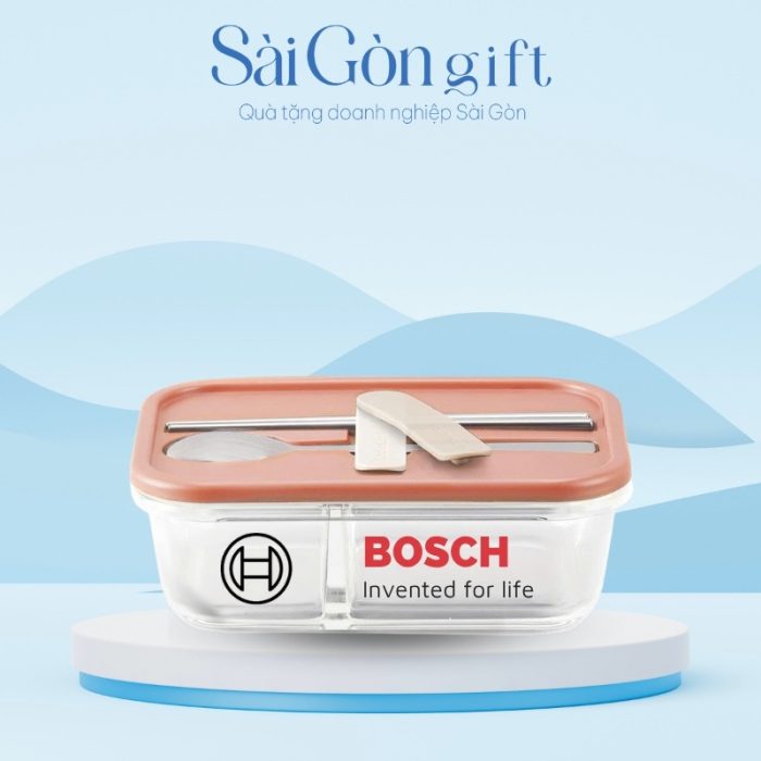 Hộp Đựng Cơm Thủy Tinh 2 Ngăn Kèm Muỗng Đũa In Logo Quà Tặng Văn Phòng SG-HC09
