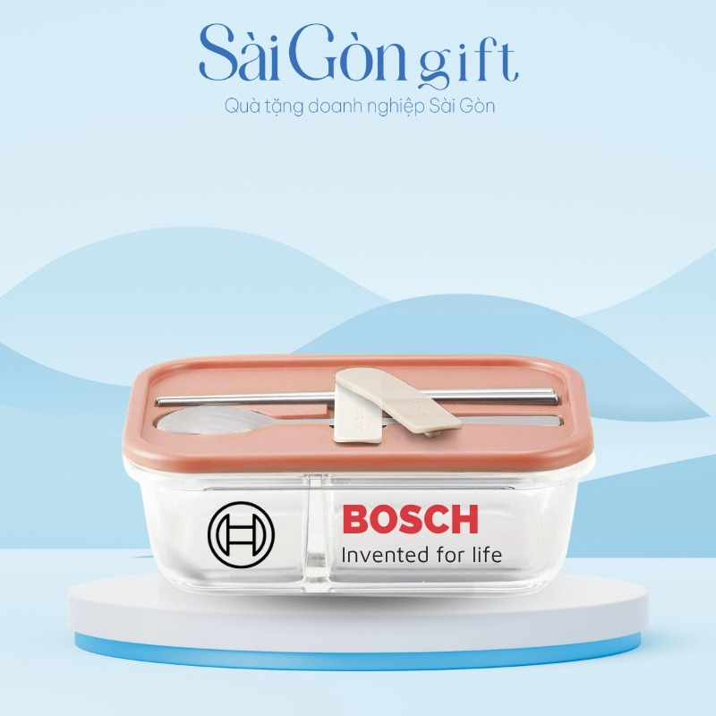 Hộp Đựng Cơm Thủy Tinh 2 Ngăn Kèm Muỗng Đũa In Logo Quà Tặng Văn Phòng SG-HC09