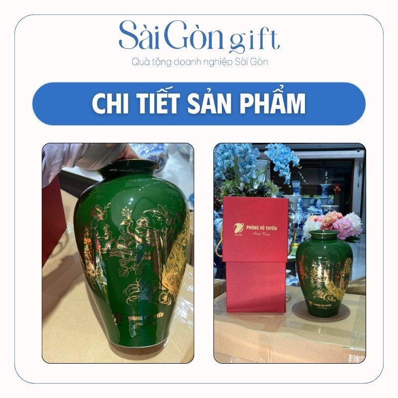 Lọ hoa men màu vẽ vàng kim chim công in logo quà tặng đối tác SG-LH14
