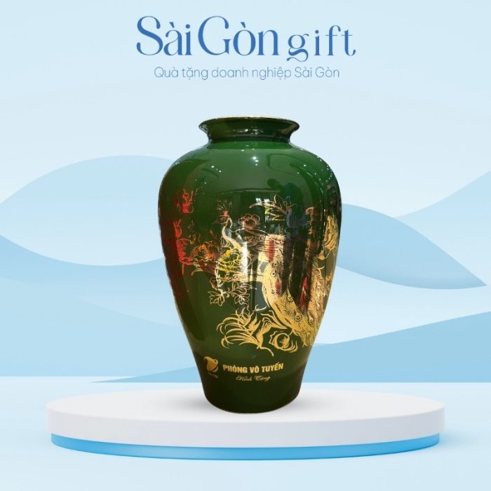 Lọ hoa men màu vẽ vàng kim chim công in logo quà tặng đối tác SG-LH14