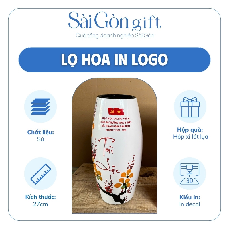 Lọ Hoa Men Trắng Vẽ Tài Lộc In Logo Quà Tặng Đại Hội SG-LH12