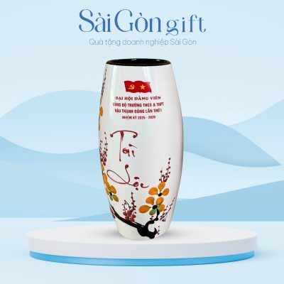 Lọ Hoa Men Trắng Vẽ Tài Lộc In Logo Quà Tặng Đại Hội SG-LH12