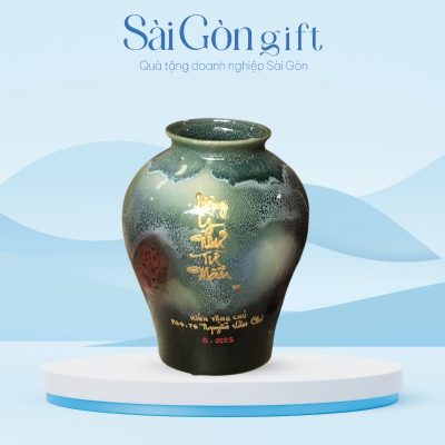 Lọ Hoa Dáng Vò Men Hỏa Biến Xanh In Logo Quà Tặng Kỷ Niệm SG-LH11