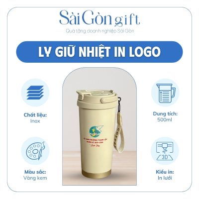 Ly Giữ Nhiệt Inox Màu Kem Vẽ Hoa In Logo Quà Tặng Đại Hội SG-LGN12