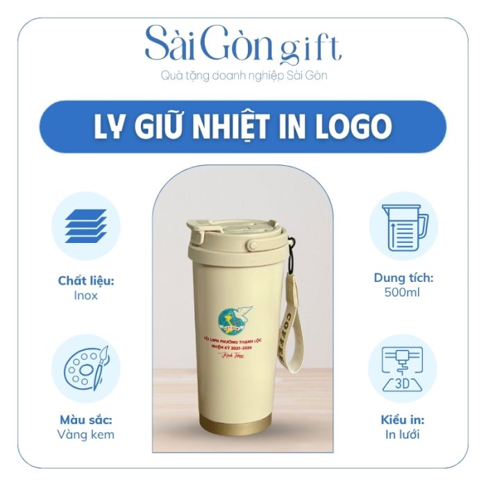 Ly Giữ Nhiệt Inox Màu Kem Vẽ Hoa In Logo Quà Tặng Đại Hội SG-LGN12