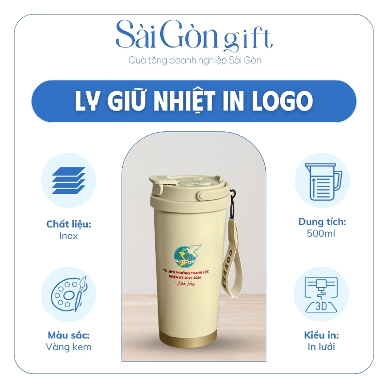Ly Giữ Nhiệt Inox Màu Kem Vẽ Hoa In Logo Quà Tặng Đại Hội SG-LGN12