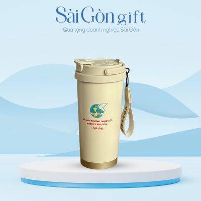 Ly Giữ Nhiệt Inox Màu Kem Vẽ Hoa In Logo Quà Tặng Đại Hội SG-LGN12