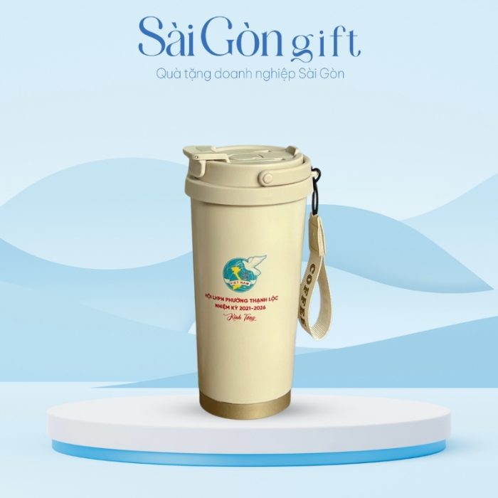 Ly Giữ Nhiệt Inox Màu Kem Vẽ Hoa In Logo Quà Tặng Đại Hội SG-LGN12