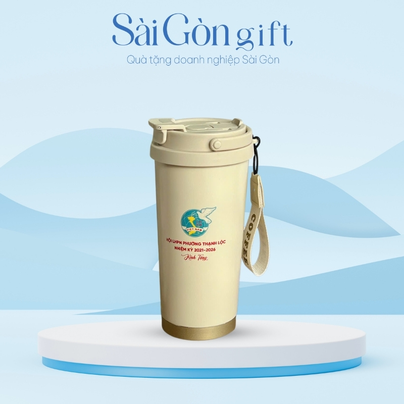 Ly Giữ Nhiệt Inox Màu Kem Vẽ Hoa In Logo Quà Tặng Đại Hội SG-LGN12