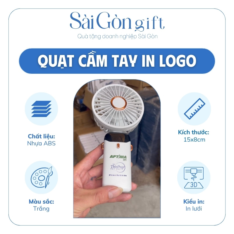 Quạt Cầm Tay Tích Điện Màu Trắng In Logo Quà Tặng Khách Hàng SG-QD06