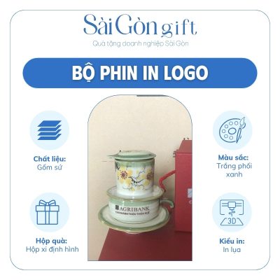 Bộ Phin Cà Phê Sứ Vẽ Hoa Mai In Logo AGRIBANK Quà Tặng Ngân Hàng SG-BP04