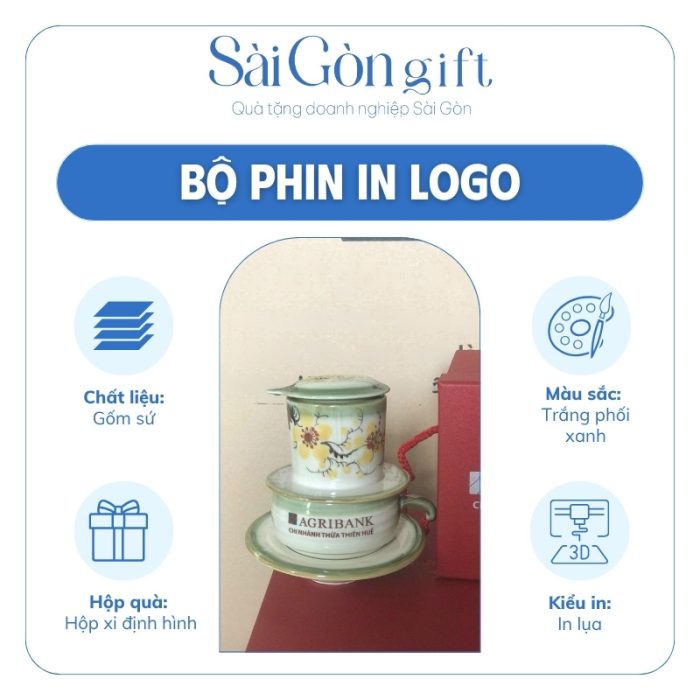 Bộ Phin Cà Phê Sứ Vẽ Hoa Mai In Logo AGRIBANK Quà Tặng Ngân Hàng SG-BP04