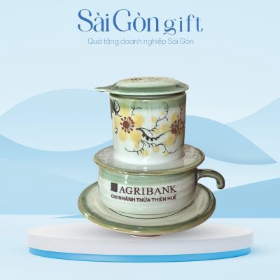 Bộ Phin Cà Phê Sứ Vẽ Hoa Mai In Logo AGRIBANK Quà Tặng Ngân Hàng SG-BP04