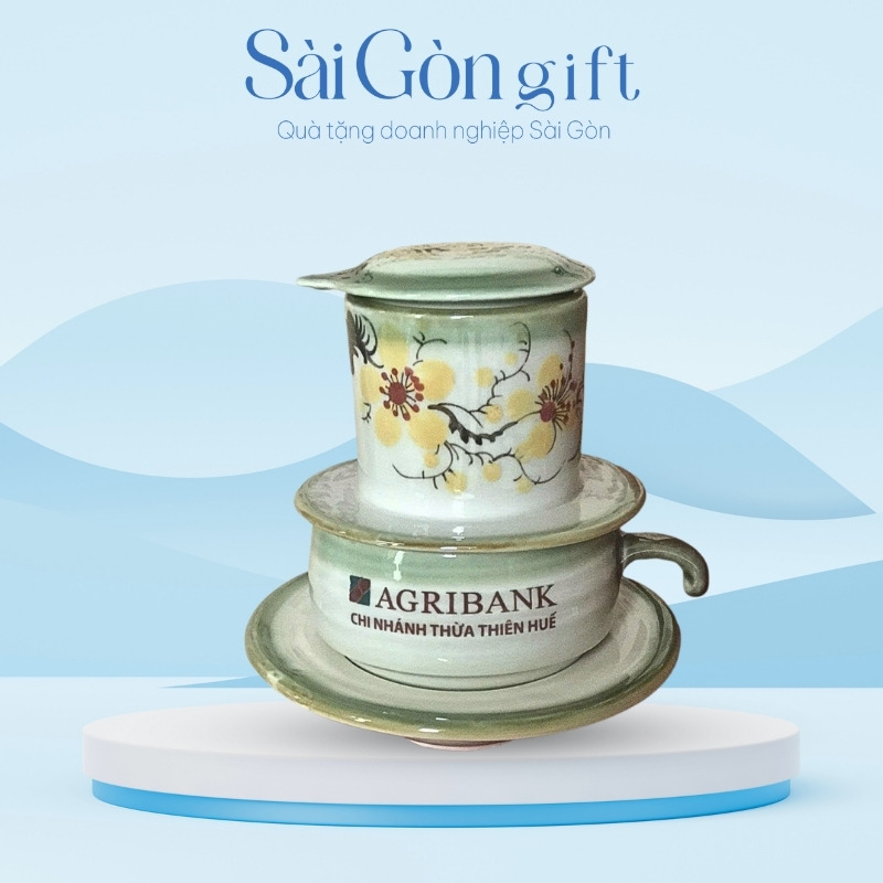 Bộ Phin Cà Phê Sứ Vẽ Hoa Mai In Logo AGRIBANK Quà Tặng Ngân Hàng SG-BP04