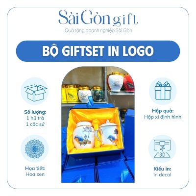 Bộ Giftset Hũ Đựng Trà Và Cốc Sứ Vẽ Sen Xanh Quà Tặng Tết SG-GS19