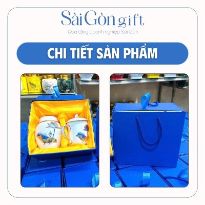 Bộ Giftset Hũ Đựng Trà Và Cốc Sứ Vẽ Sen Xanh Quà Tặng Tết SG-GS19