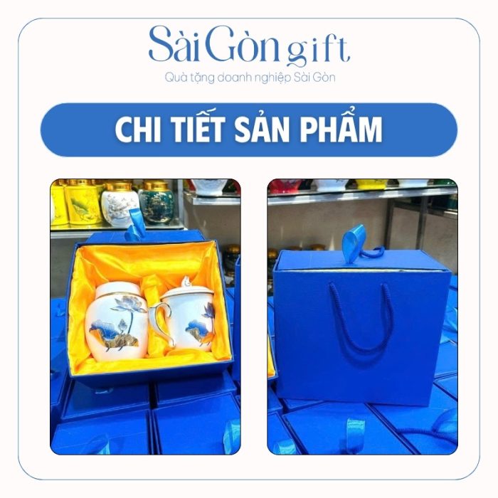 Bộ Giftset Hũ Đựng Trà Và Cốc Sứ Vẽ Sen Xanh Quà Tặng Tết SG-GS19