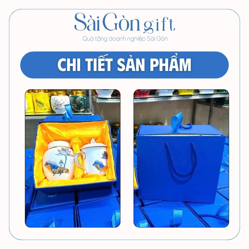 Bộ Giftset Hũ Đựng Trà Và Cốc Sứ Vẽ Sen Xanh Quà Tặng Tết SG-GS19