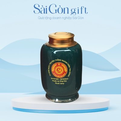 Hũ Đựng Trà Men Xanh Kẻ Chân Vẽ Hồ Gươm Vàng Kim Quà Tặng Kỷ Niệm SG-HT04