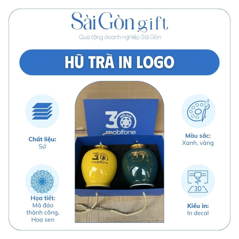Bộ Hai Lọ Chè Men Màu Vẽ Tay Vàng Kim In Logo Quà Tặng Kỷ Niệm SG-HT07