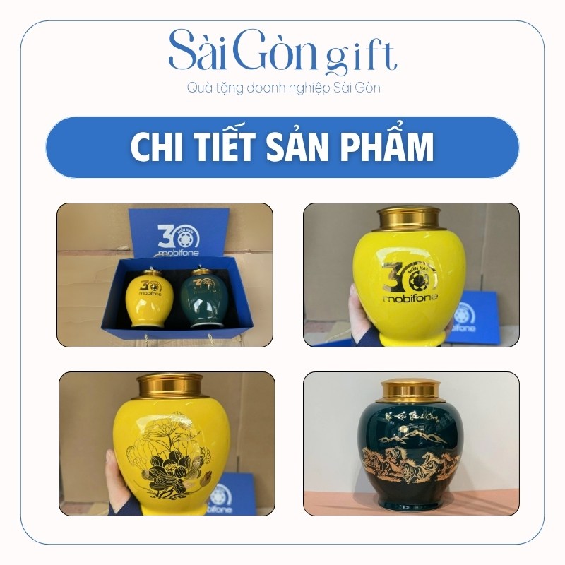 Bộ Hai Lọ Chè Men Màu Vẽ Tay Vàng Kim In Logo Quà Tặng Kỷ Niệm SG-HT07