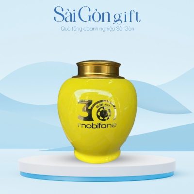 Bộ Hai Lọ Chè Men Màu Vẽ Tay Vàng Kim In Logo Quà Tặng Kỷ Niệm SG-HT07