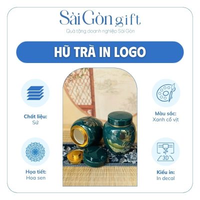 Hũ Đựng Trà Men Xanh Vẽ Hoa Văn Vàng Kim Quà Tặng Tết SG-HT11