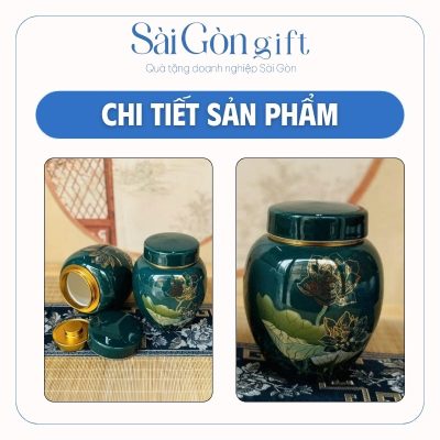 Hũ Đựng Trà Men Xanh Vẽ Hoa Văn Vàng Kim Quà Tặng Tết SG-HT11