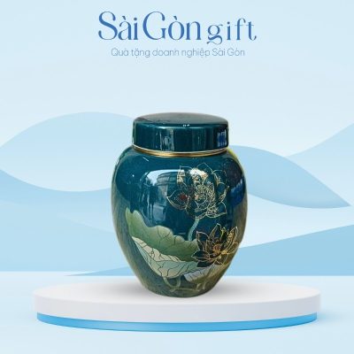 Hũ Đựng Trà Men Xanh Vẽ Hoa Văn Vàng Kim Quà Tặng Tết SG-HT11