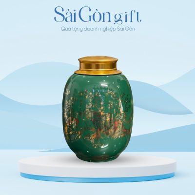 Lọ Đựng Trà Dáng Tròn Vẽ Chim Công Quà Tặng Công Đoàn SG-HT05