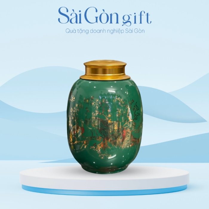Lọ Đựng Trà Dáng Tròn Vẽ Chim Công Quà Tặng Công Đoàn SG-HT05