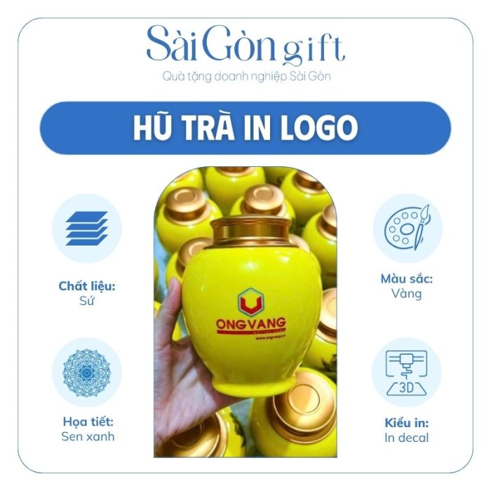 Hũ Đựng Trà Dáng Chóe Men Vàng Họa Tiết Sen Xanh Quà Tặng Quảng Cáo SG-HT06
