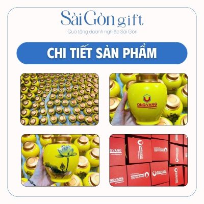 Hũ Đựng Trà Dáng Chóe Men Vàng Họa Tiết Sen Xanh Quà Tặng Quảng Cáo SG-HT06