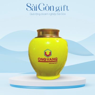 Hũ Đựng Trà Dáng Chóe Men Vàng Họa Tiết Sen Xanh Quà Tặng Quảng Cáo SG-HT06