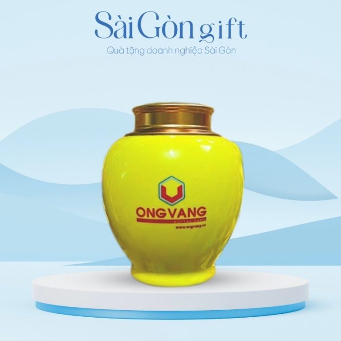 Hũ Đựng Trà Dáng Chóe Men Vàng Họa Tiết Sen Xanh Quà Tặng Quảng Cáo SG-HT06