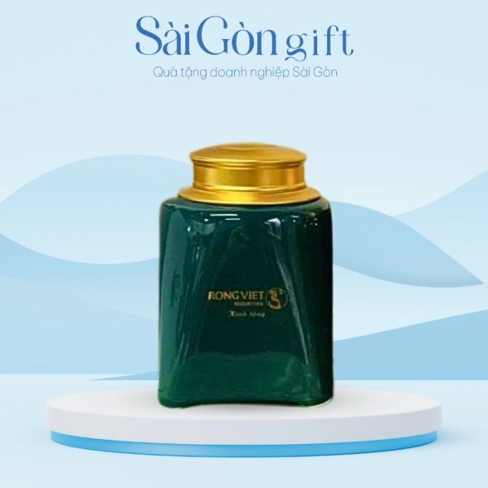 Lọ Trà Dáng Vuông Men Màu Vẽ Hoa Sen In Logo Quà Tặng Quảng Cáo SG-HT09