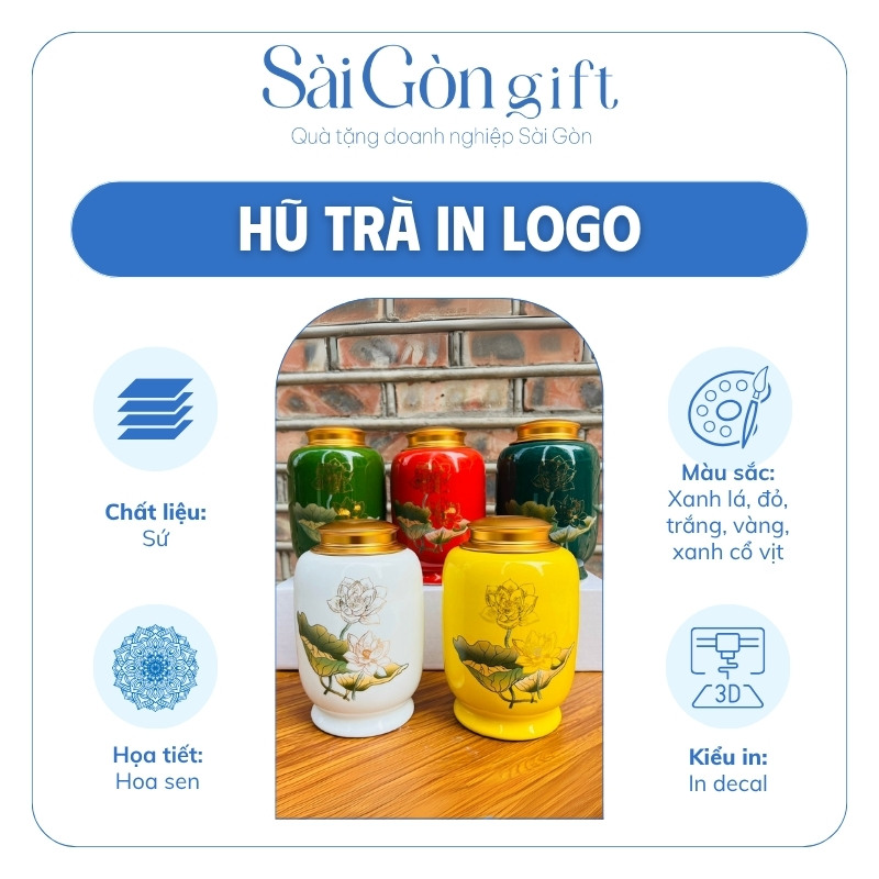 Hũ Đựng Trà Dáng Bí Vẽ Hoa Sen Nhiều Màu Quà Tặng Đại Hội SG-HT01