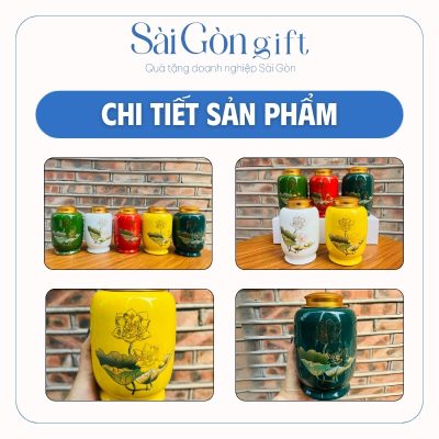 Hũ Đựng Trà Dáng Bí Vẽ Hoa Sen Nhiều Màu Quà Tặng Đại Hội SG-HT01