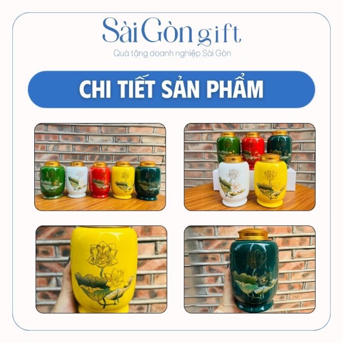 Hũ Đựng Trà Dáng Bí Vẽ Hoa Sen Nhiều Màu Quà Tặng Đại Hội SG-HT01